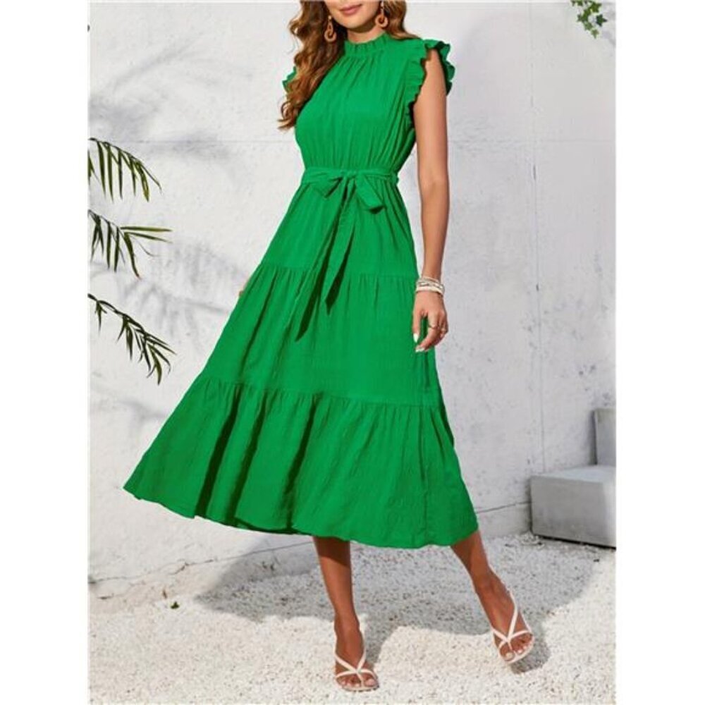 Frill Mock Neck Ruffled Cap Sleeve Midi Dress - Picture 3 of 15